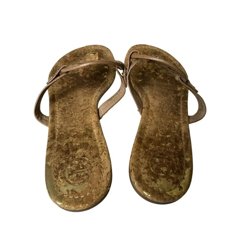 Tory Burch Miller Cork Neutral Thong Sandals Classic Logo Size US 8 Gold Flecks